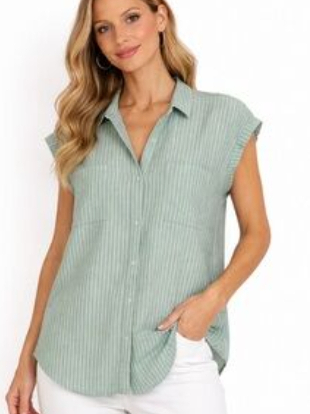 Jachs Girlfriend New York Women's Button Front Blouse Green Stripes